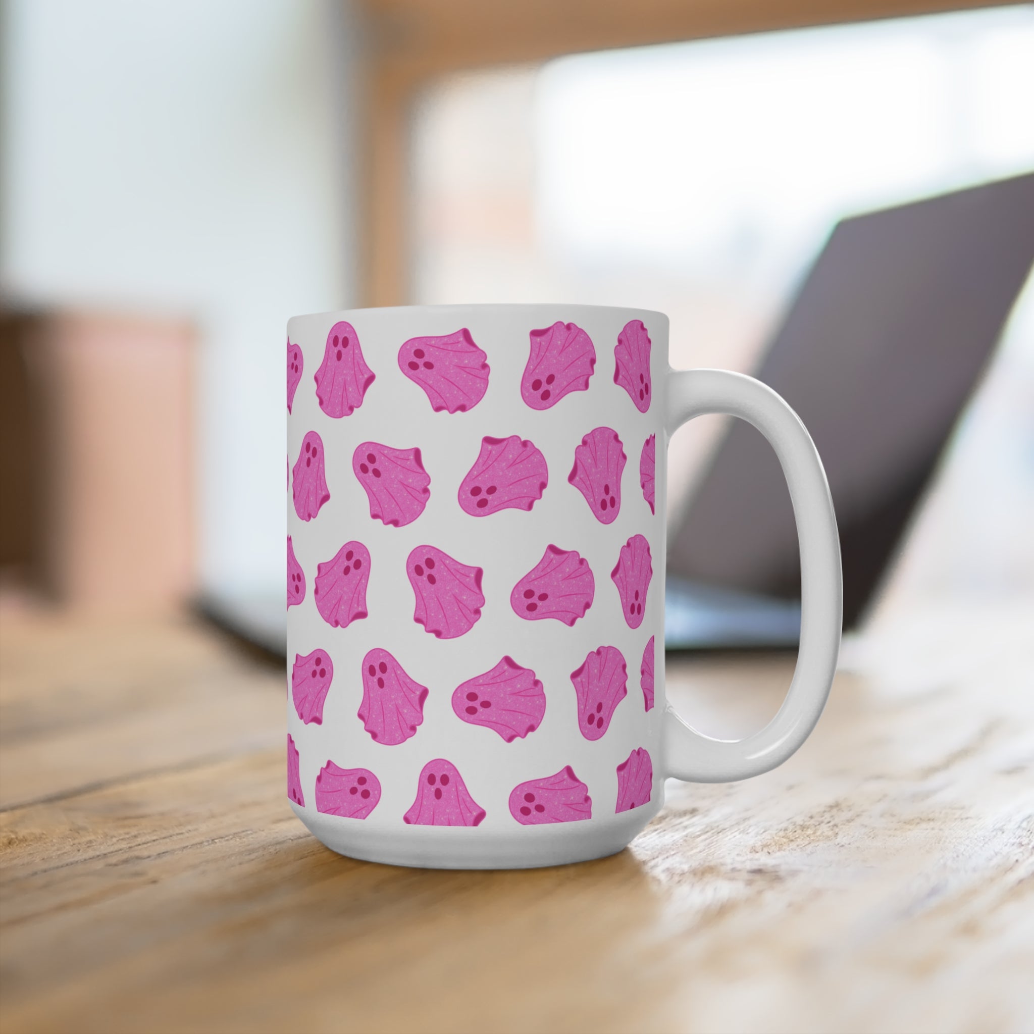 Pink Ghosts Coffee Mug, 15oz Halloween Mug, Cute Ghost Pattern, Spooky Decor, Gift for Ghost Lovers, Autumn Drinkware