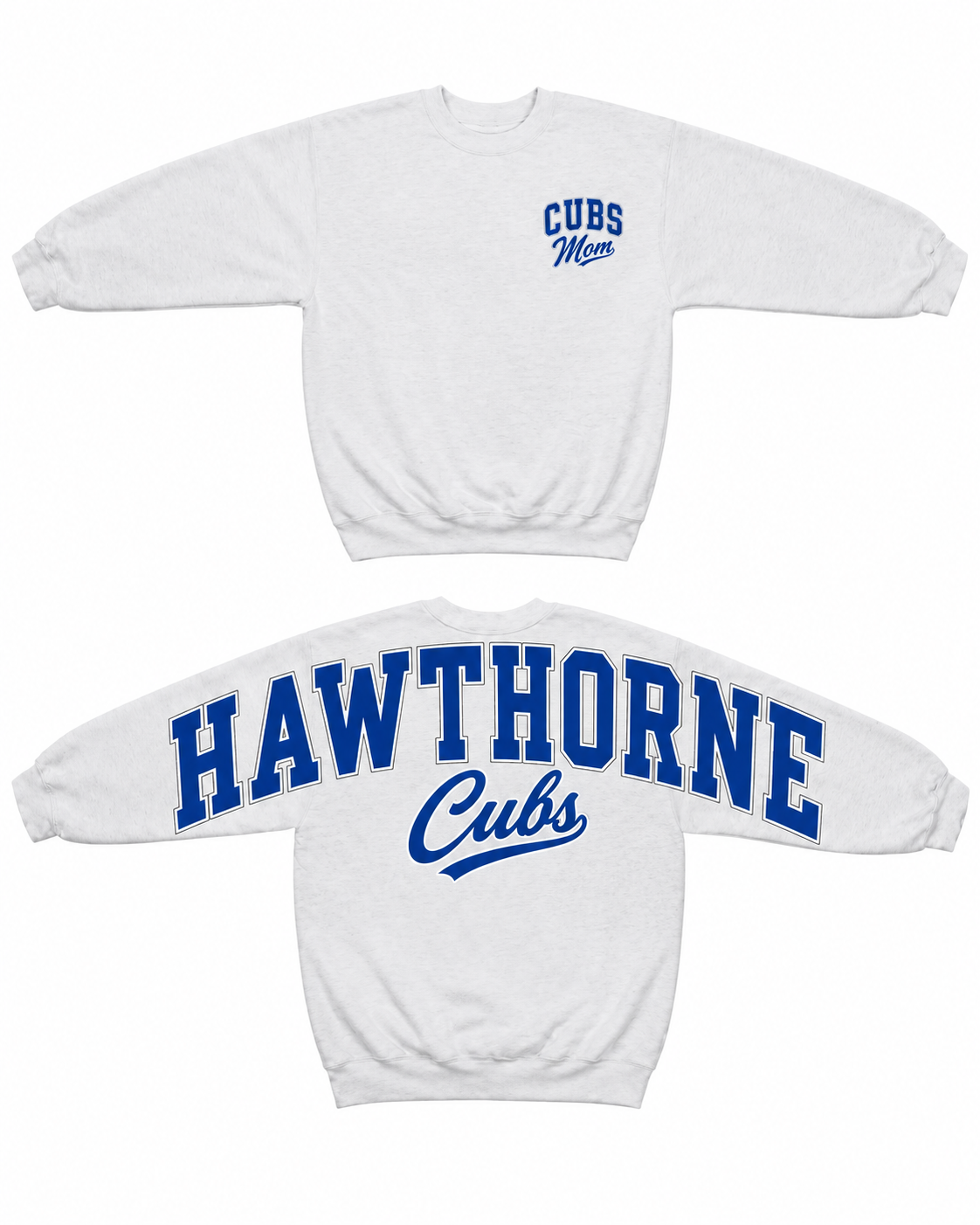 Hawthorne Cubs custom varsity spirit sweatshirt showing front and oversized sleeve-to-sleeve-style back design
