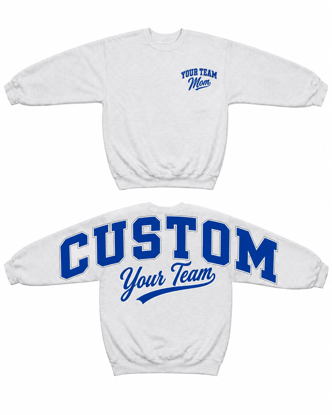 your school or team custom varsity spirit sweatshirt showing front and oversized sleeve-to-sleeve-style back design