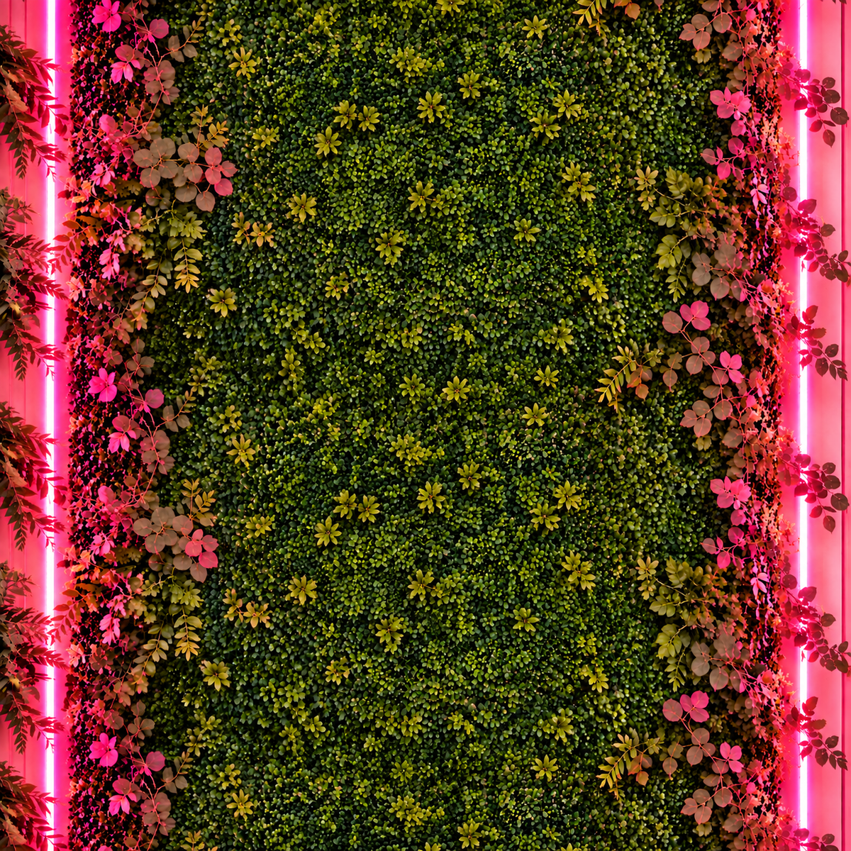 Sara’s Studio greenery wall with pink neon lighting