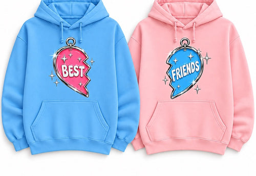 Matching blue and pink hoodies with coordinating BEST and FRIENDS heart halves